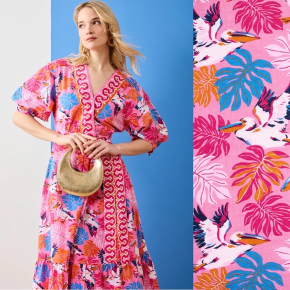 Printfresh Dresses & Skirts - Printfresh Gabriela Midi Dress in Pelican Palms Pink Blue Wrap Style Large